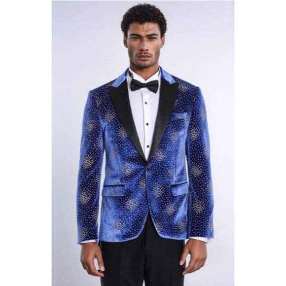 Dot Patterned Peak Lapel Royal Blue Men's Singer Performance Blazer - Wessi 50 - Picture 1 of 8
